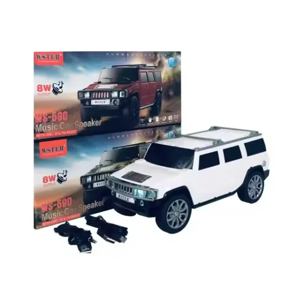 WSTER WS-590 Wireless Bluetooth Car Shaped Music Speaker – Rechargeable, FM Radio, USB/TF, LED Light, Budget Mini Bass Speaker for Gifts & Decor
