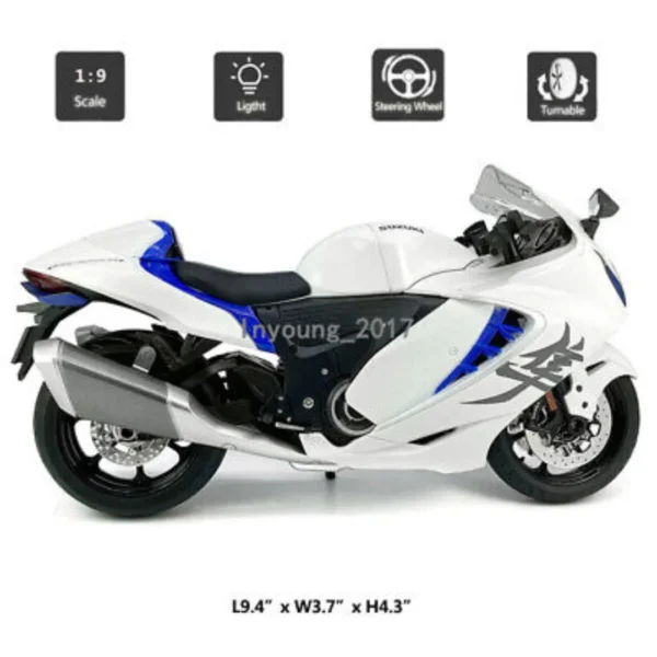 1:9 Scale Suzuki Hayabusa 2023 Diecast Motorcycle Model Toy with Light - White | TechRex Np