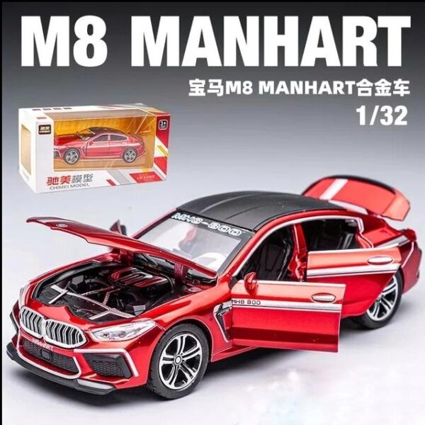 m8 Manhart 1:32 BMW M8 MANHART Diecast Model Car – Metal Body, Pull-Back, Lights & Sound (Red/Green)
