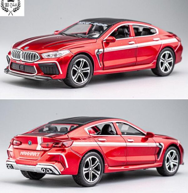 de926b0b3ddfe0379dc57f6a8a0dd874 1:32 BMW M8 MANHART Diecast Model Car – Metal Body, Pull-Back, Lights & Sound (Red/Green)