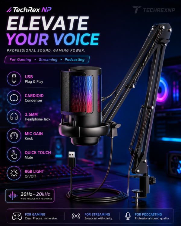 Oneleader ME6S Gaming Microphone – USB-A Wired Condenser Mic with Cardioid Pickup for Podcasting, Streaming & Recording