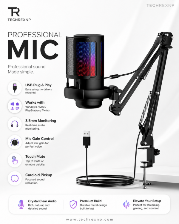 Oneleader ME6S Gaming Microphone – USB-A Wired Condenser Mic with Cardioid Pickup for Podcasting, Streaming & Recording