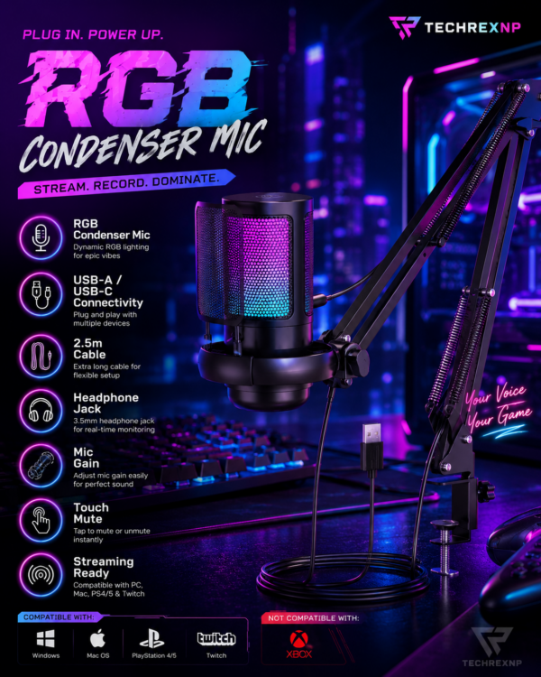 Oneleader ME6S Gaming Microphone – USB-A Wired Condenser Mic with Cardioid Pickup for Podcasting, Streaming & Recording