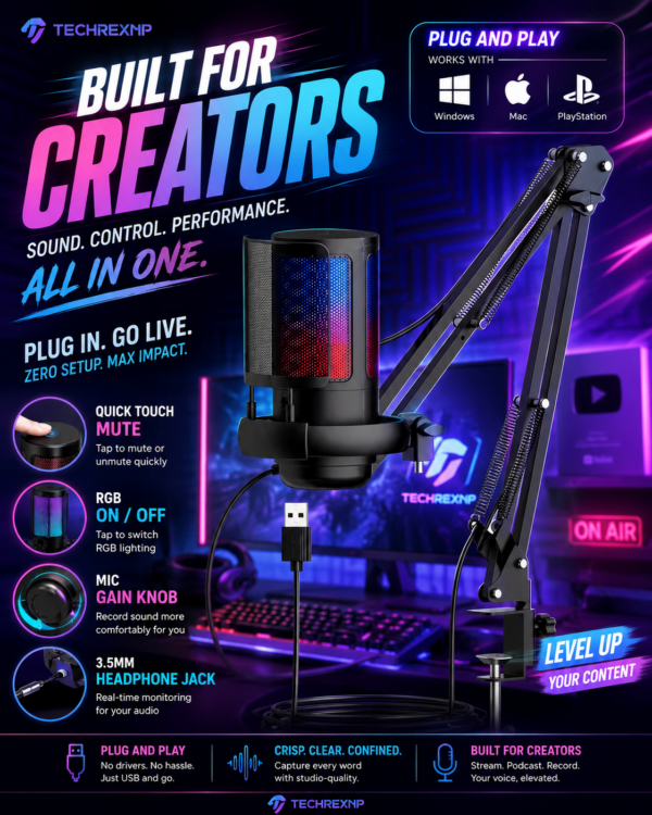 Oneleader ME6S Gaming Microphone – USB-A Wired Condenser Mic with Cardioid Pickup for Podcasting, Streaming & Recording