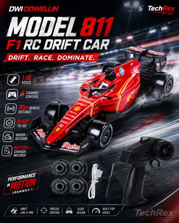 DWI Dowellin 811 F1 RC Drift Car – 1:16 Electric Remote Control Racing Car with Battery, Charger & Drift Tires