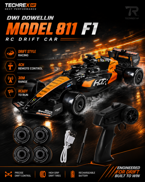 DWI Dowellin 811 F1 RC Drift Car – 1:16 Electric Remote Control Racing Car with Battery, Charger & Drift Tires