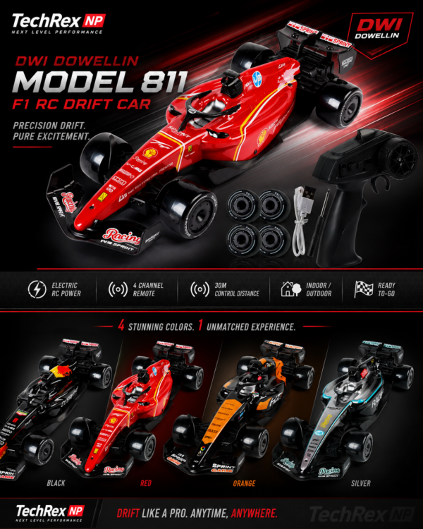 DWI Dowellin 811 F1 RC Drift Car – 1:16 Electric Remote Control Racing Car with Battery, Charger & Drift Tires