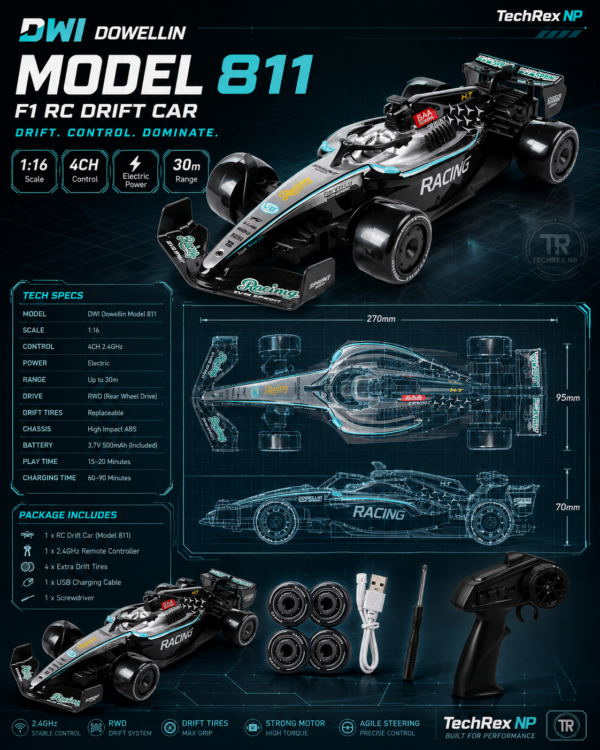DWI Dowellin 811 F1 RC Drift Car – 1:16 Electric Remote Control Racing Car with Battery, Charger & Drift Tires