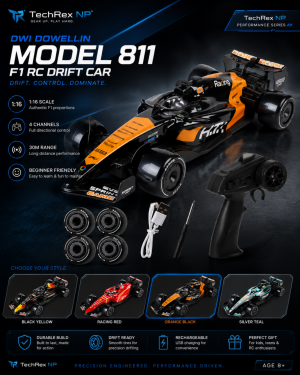 DWI Dowellin 811 F1 RC Drift Car – 1:16 Electric Remote Control Racing Car with Battery, Charger & Drift Tires