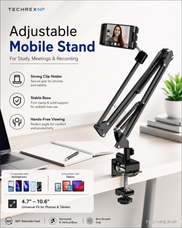 ChatGPT Image May 25, 2026, 10_55_01 AM (2) Desktop Mobile Stand with Clip & Base – Adjustable Phone & Tablet Holder for Desk, Recording, Study & Live Streaming