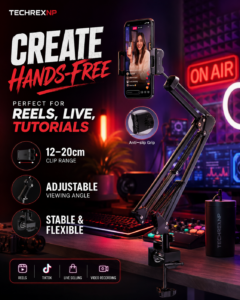 Desktop Mobile Stand with Clip & Base – Adjustable Phone & Tablet Holder for Desk, Recording, Study & Live Streaming