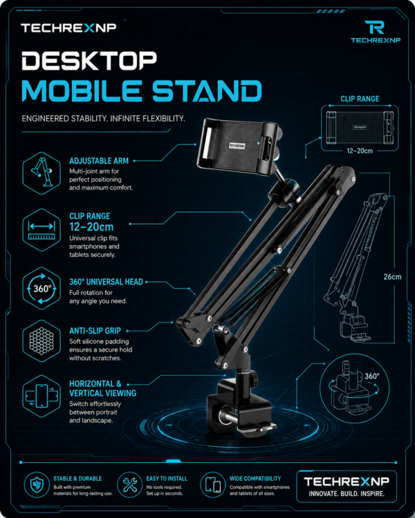 ChatGPT Image May 25, 2026, 10_55_01 AM (5) Desktop Mobile Stand with Clip & Base – Adjustable Phone & Tablet Holder for Desk, Recording, Study & Live Streaming
