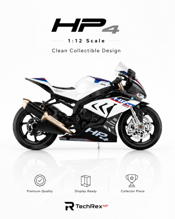 JiaYe BMW HP4-Style 1:12 Diecast Model Bike – Black & White Sport Motorcycle Collectible for Riders, Gifts & Desk Display