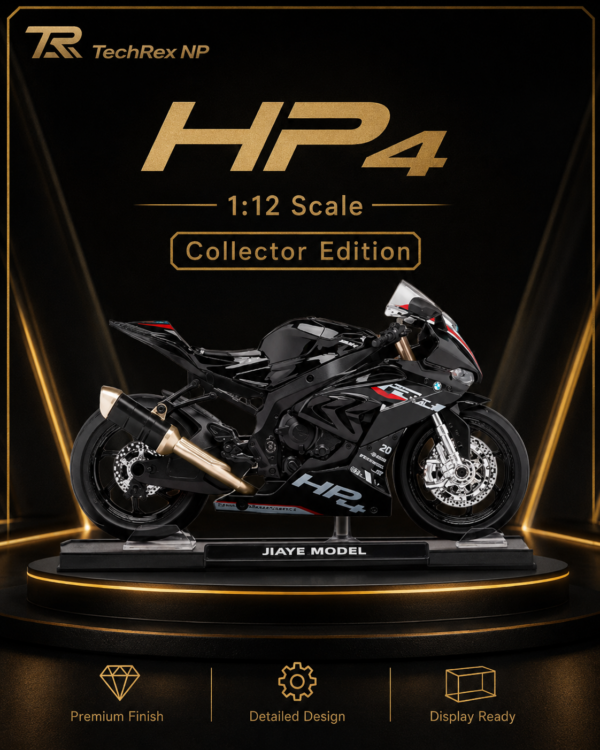 JiaYe BMW HP4-Style 1:12 Diecast Model Bike – Black & White Sport Motorcycle Collectible for Riders, Gifts & Desk Display