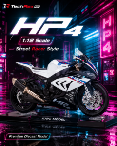 JiaYe BMW HP4-Style 1:12 Diecast Model Bike – Black & White Sport Motorcycle Collectible for Riders, Gifts & Desk Display