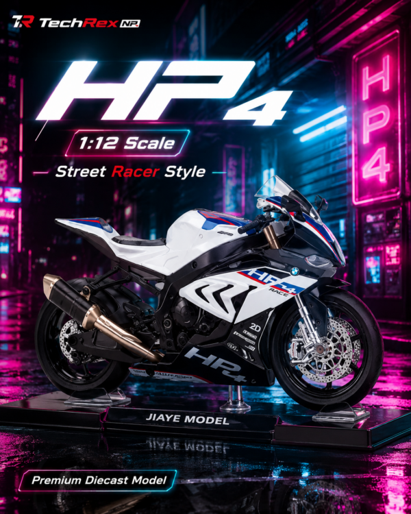 JiaYe BMW HP4-Style 1:12 Diecast Model Bike – Black & White Sport Motorcycle Collectible for Riders, Gifts & Desk Display