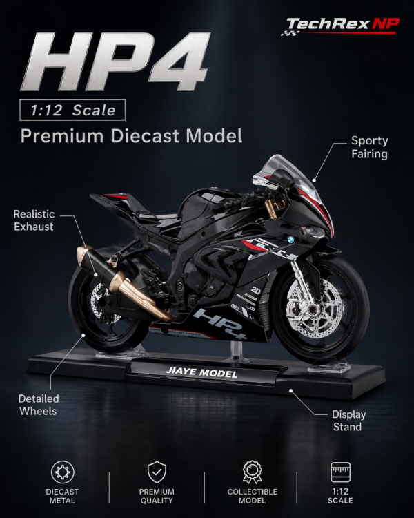 JiaYe BMW HP4-Style 1:12 Diecast Model Bike – Black & White Sport Motorcycle Collectible for Riders, Gifts & Desk Display
