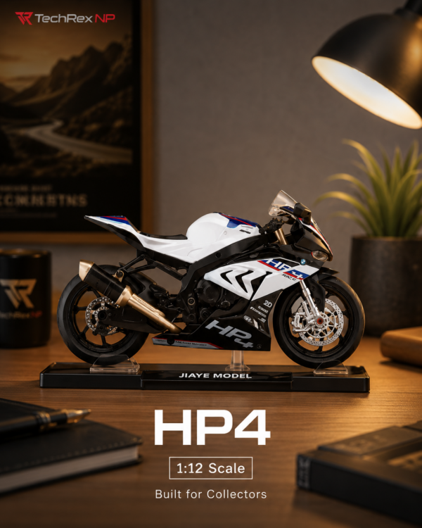 JiaYe BMW HP4-Style 1:12 Diecast Model Bike – Black & White Sport Motorcycle Collectible for Riders, Gifts & Desk Display