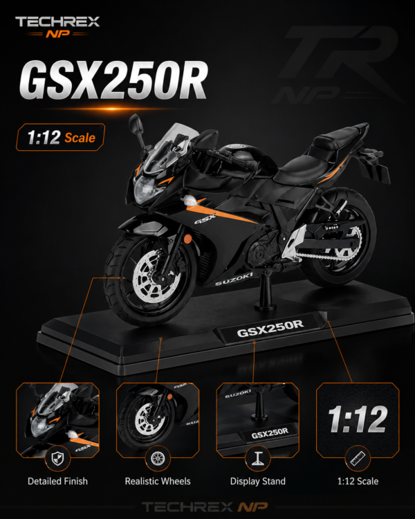 HuaYi Suzuki GSX250R-Style 1:12 Diecast Model Bike – Black & Blue Sport Motorcycle Collectible for Riders, Gifts & Desk Display