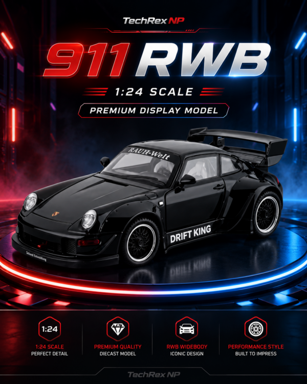 JiaYe Porsche 911 RWB-Style 1:24 Diecast Model Car – Black Large Scale Alloy Widebody Collectible Sports Car for Gifts & Display