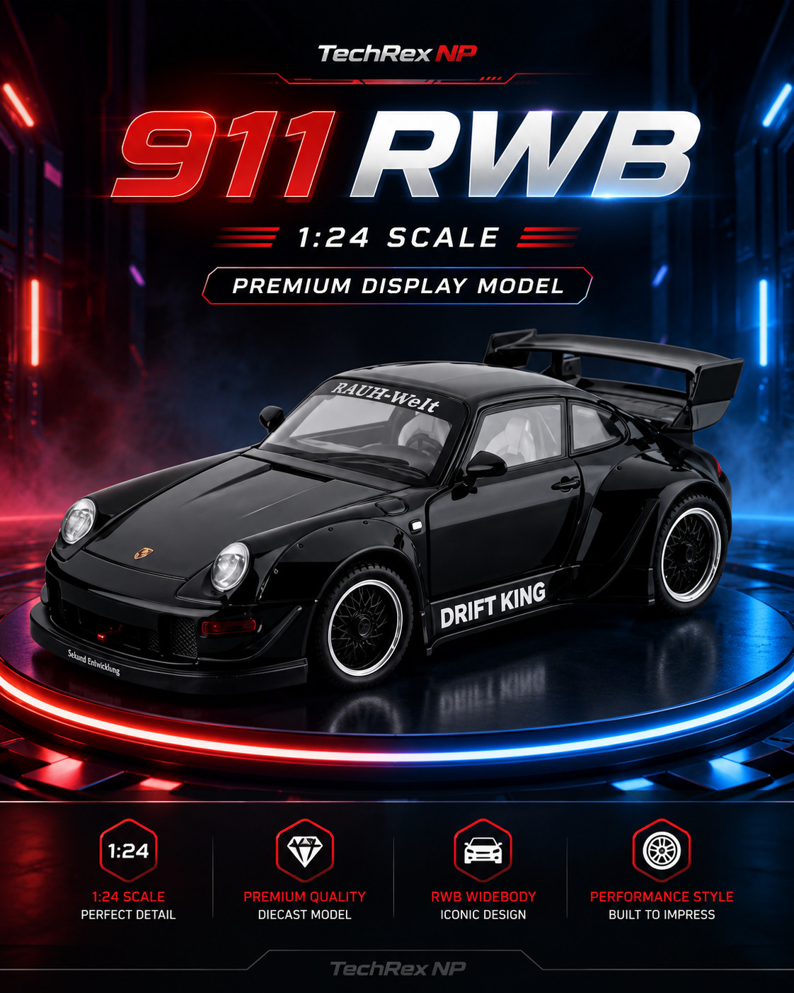 JiaYe Porsche 911 RWB-Style 1:24 Diecast Model Car – Black Large Scale Alloy Widebody Collectible Sports Car for Gifts & Display