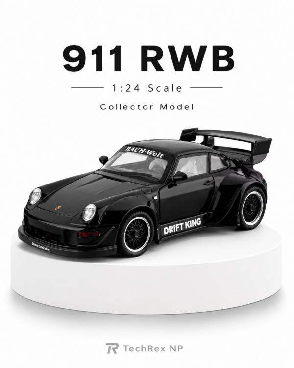 JiaYe Porsche 911 RWB-Style 1:24 Diecast Model Car – Black Large Scale Alloy Widebody Collectible Sports Car for Gifts & Display
