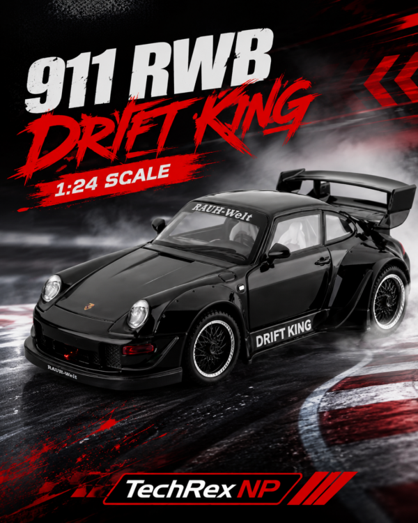 JiaYe Porsche 911 RWB-Style 1:24 Diecast Model Car – Black Large Scale Alloy Widebody Collectible Sports Car for Gifts & Display