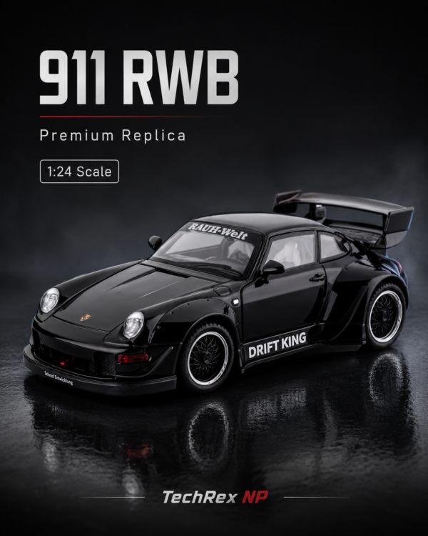 JiaYe Porsche 911 RWB-Style 1:24 Diecast Model Car – Black Large Scale Alloy Widebody Collectible Sports Car for Gifts & Display
