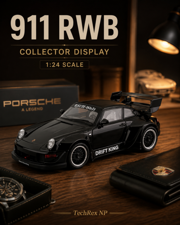 JiaYe Porsche 911 RWB-Style 1:24 Diecast Model Car – Black Large Scale Alloy Widebody Collectible Sports Car for Gifts & Display