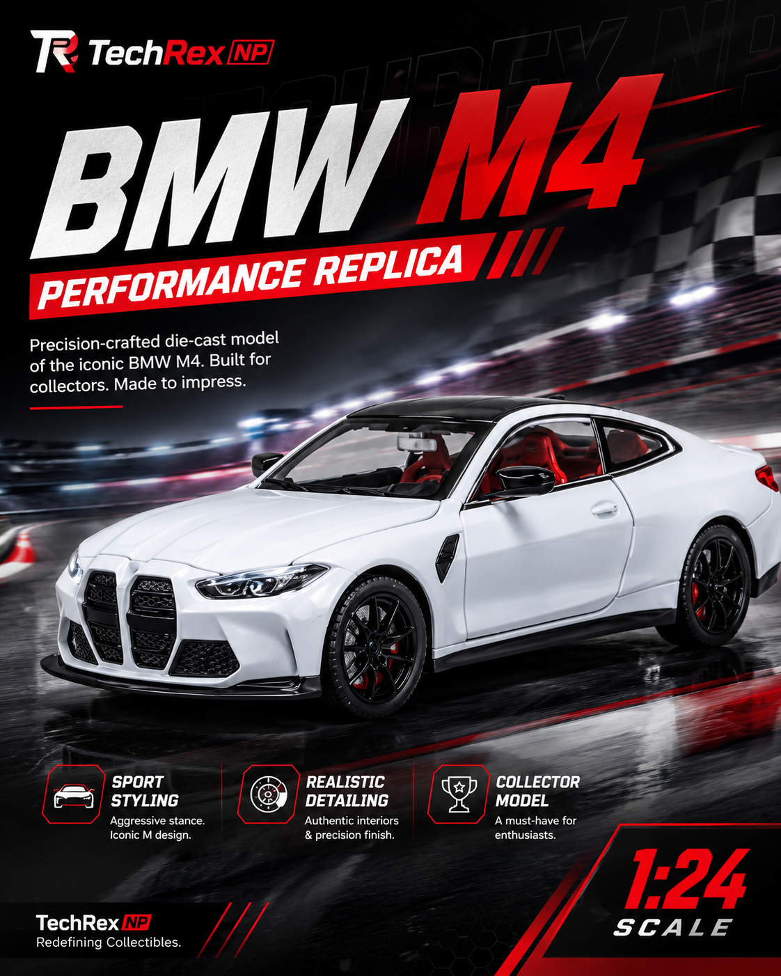 JinCheJiang BMW M4-Style 1:24 Diecast Model Car – White Large Scale Alloy Sports Coupe for Car Lovers, Gifts & Desk Display
