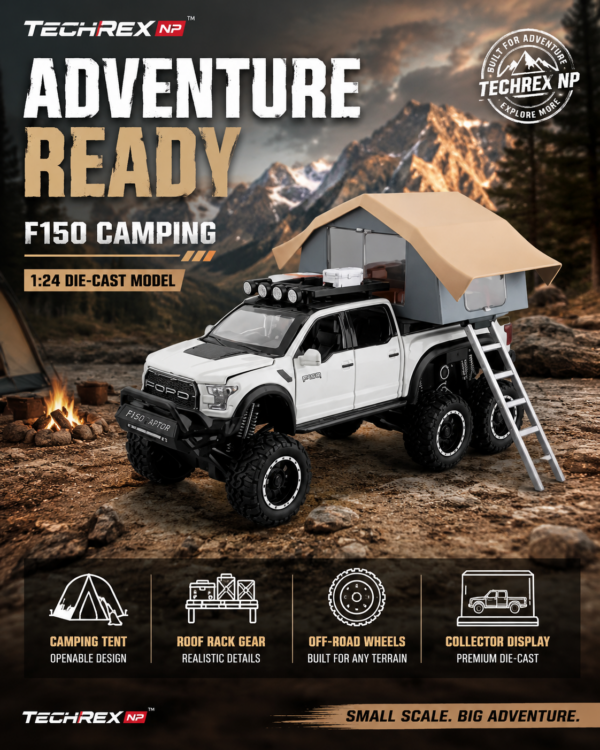 CheZhi Ford F-150 Camping-Style 1:24 Diecast Model Pickup – White Large Scale Alloy Adventure Truck for Collectors, Gifts & Desk Display