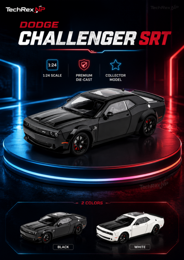 CheZhi Dodge Challenger SRT Hellcat-Style 1:24 Diecast Model Car – Black & White Muscle Car Collectible