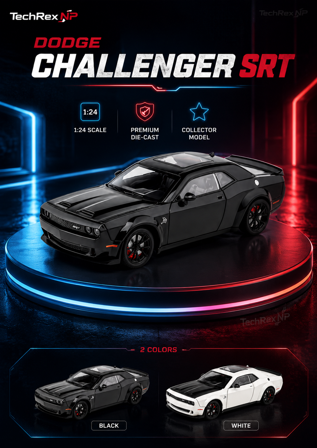 CheZhi Dodge Challenger SRT Hellcat-Style 1:24 Diecast Model Car – Black & White Muscle Car Collectible