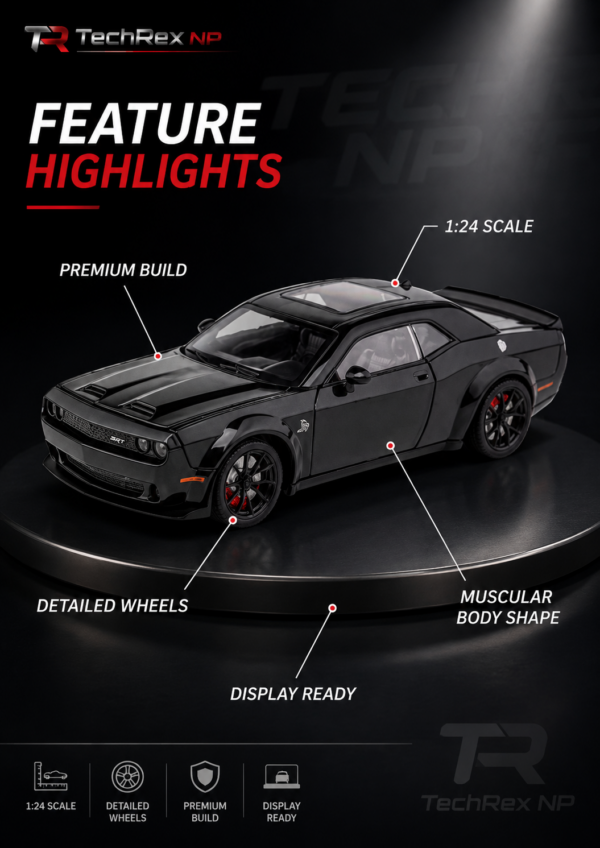 CheZhi Dodge Challenger SRT Hellcat-Style 1:24 Diecast Model Car – Black & White Muscle Car Collectible
