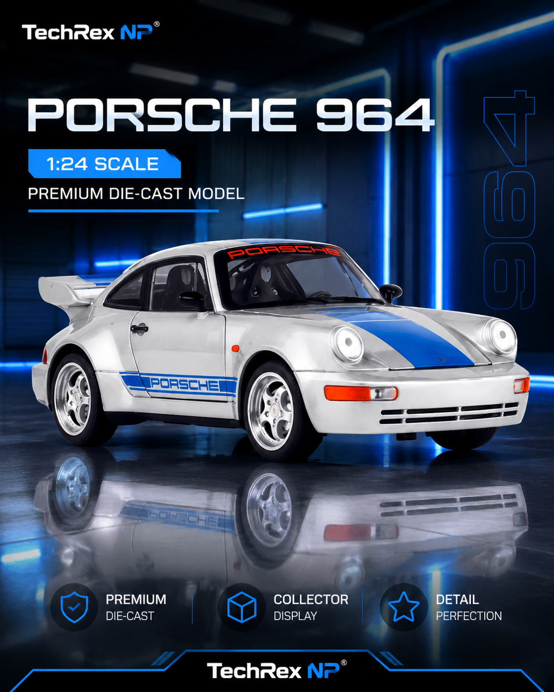 HMB Porsche 964-Style 1:24 Diecast Model Car – Silver & Blue Large Scale Classic Sports Coupe for Collectors, Gifts & Desk Display