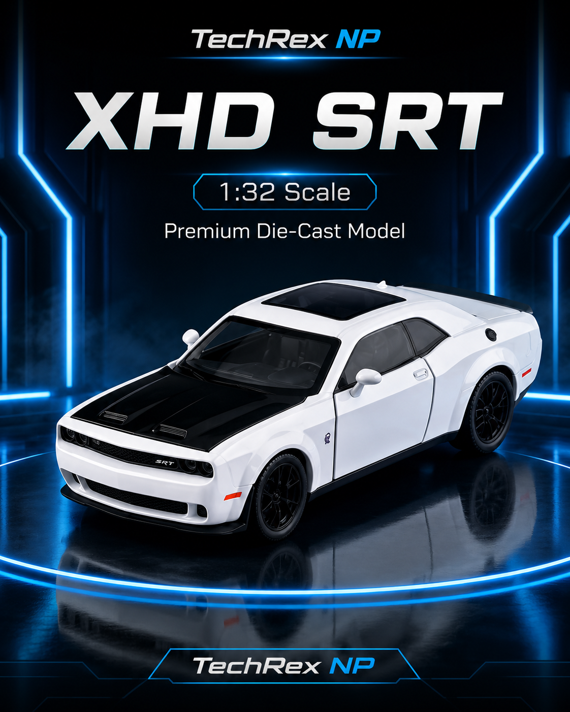 XHD SRT-Style 1:32 Diecast Model Muscle Car – White with Black Hood Alloy Collectible Sports Car for Gifts & Display
