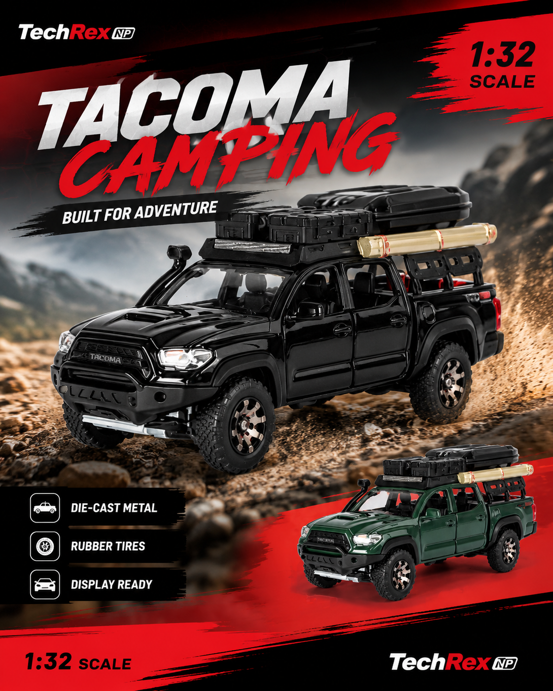 Chimei Toyota Tacoma Camping-Style 1:32 Diecast Model Pickup – Black & Green Alloy Adventure Truck for Collectors, Gifts & Desk Display