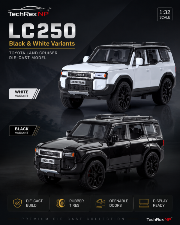JinCheJiang Toyota Land Cruiser LC250-Style 1:32 Diecast Model SUV – Black & White Alloy Collectible Off-Road Car for Gifts & Display