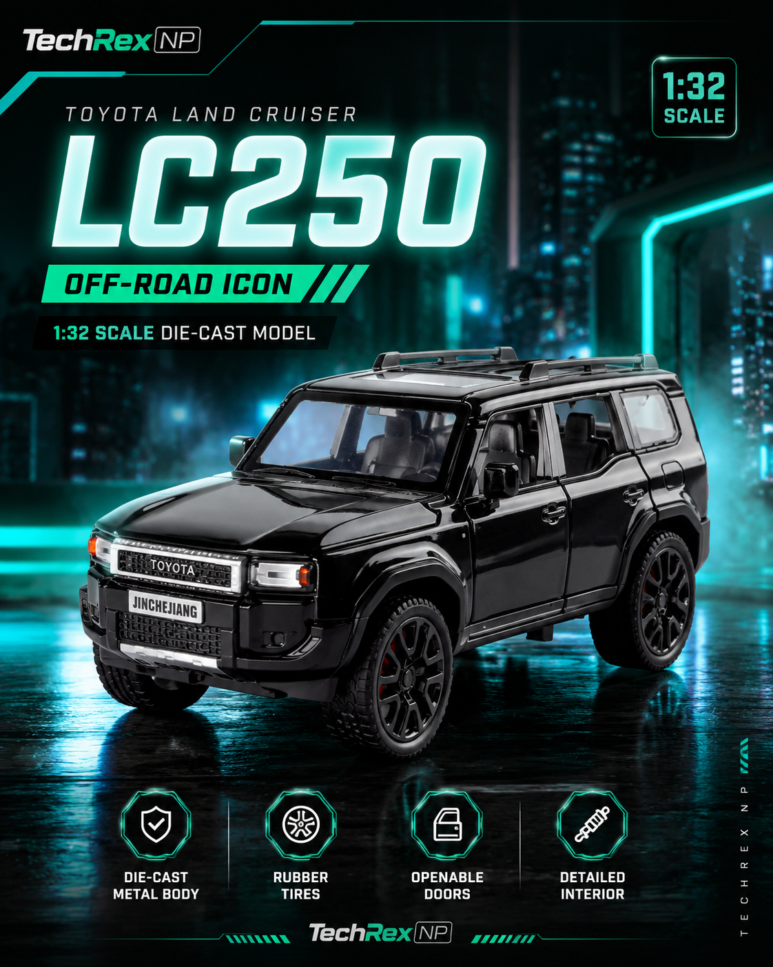 JinCheJiang Toyota Land Cruiser LC250-Style 1:32 Diecast Model SUV – Black & White Alloy Collectible Off-Road Car for Gifts & Display