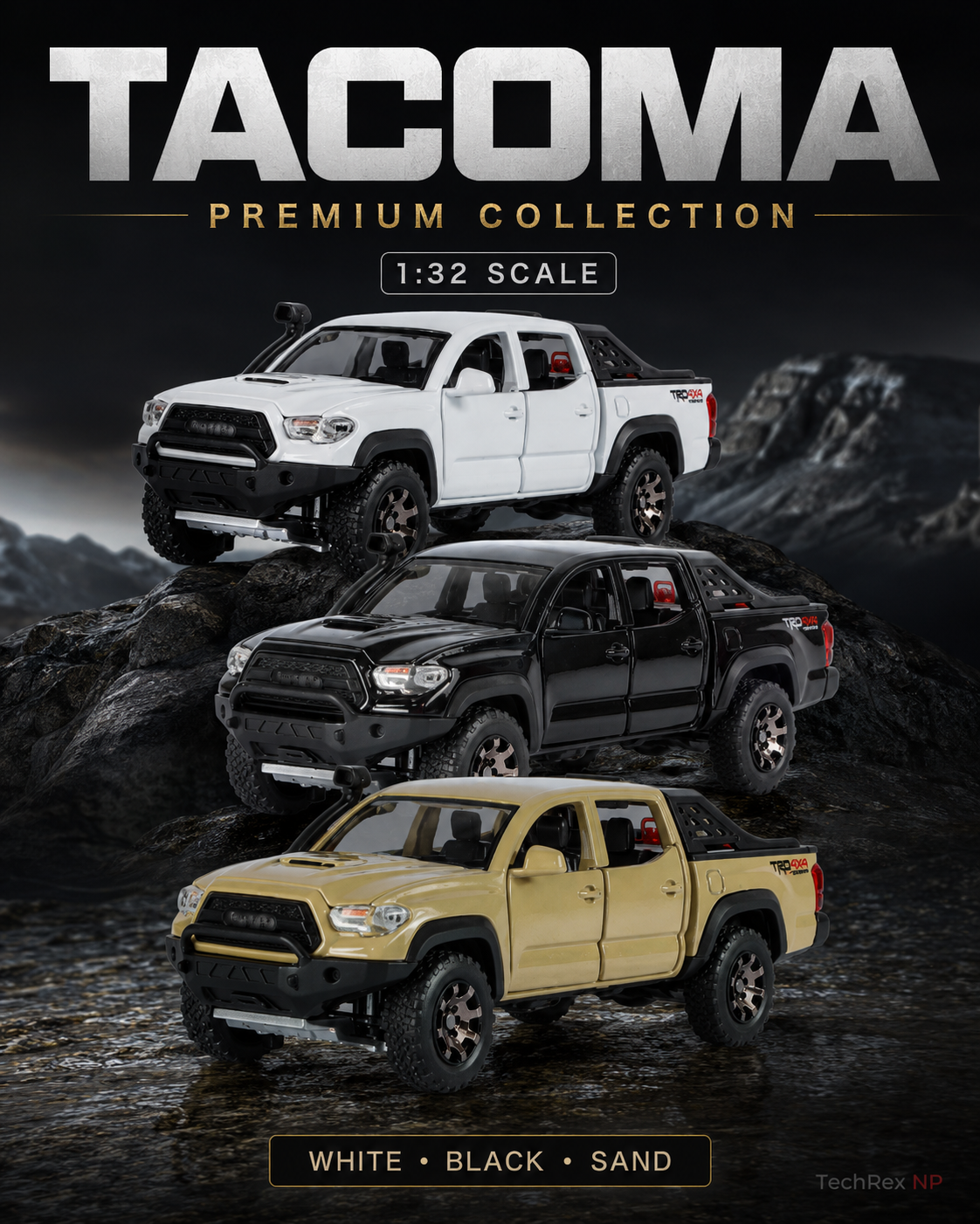 Chimei Toyota Tacoma-Style 1:32 Diecast Model Pickup – Black White Sand Alloy Collectible Off-Road Truck for Gifts & Display