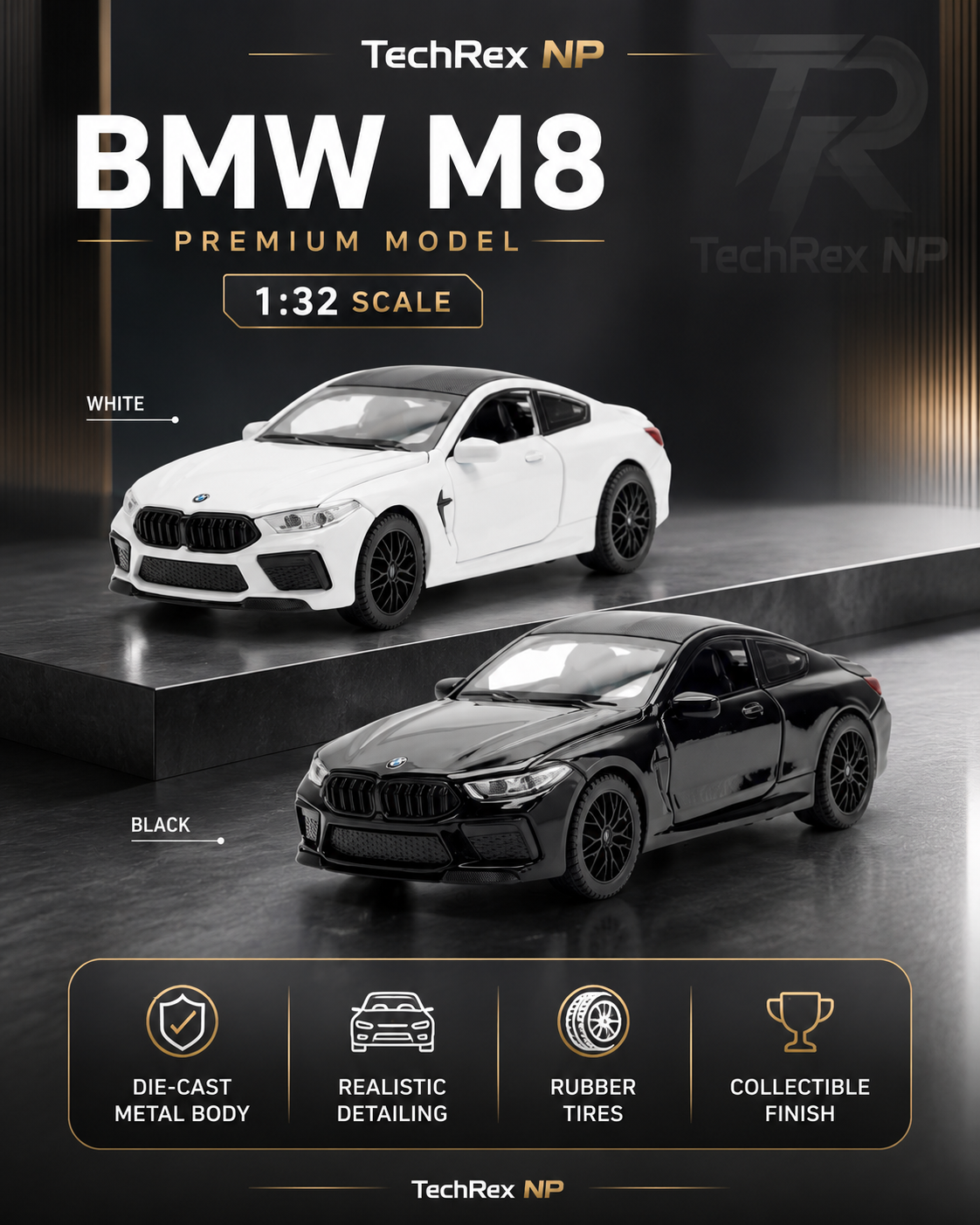 Chiyuan BMW M8-Style 1:32 Diecast Model Car – White & Black Alloy Luxury Sports Coupe for Gifts, Desk Decor & Collectors