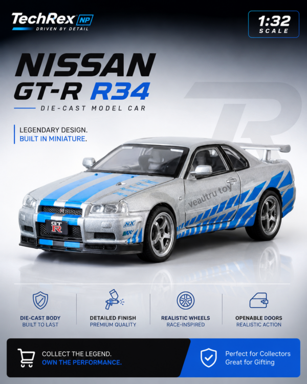 ChatGPT Image May 27, 2026, 11_13_28 PM (4) JLF Nissan Skyline GT-R R34-Style 1:32 Diecast Model Car – White & Blue Alloy JDM Collectible Sports Car for Gifts & Display