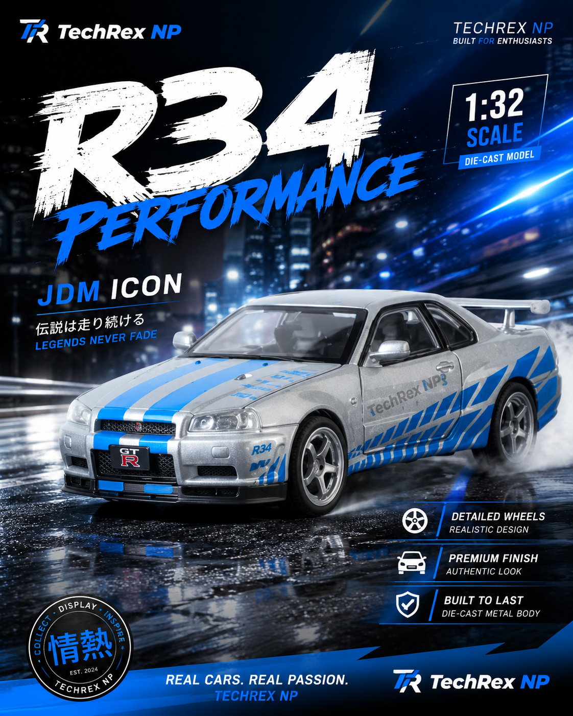 JLF Nissan Skyline GT-R R34-Style 1:32 Diecast Model Car – White & Blue Alloy JDM Collectible Sports Car for Gifts & Display