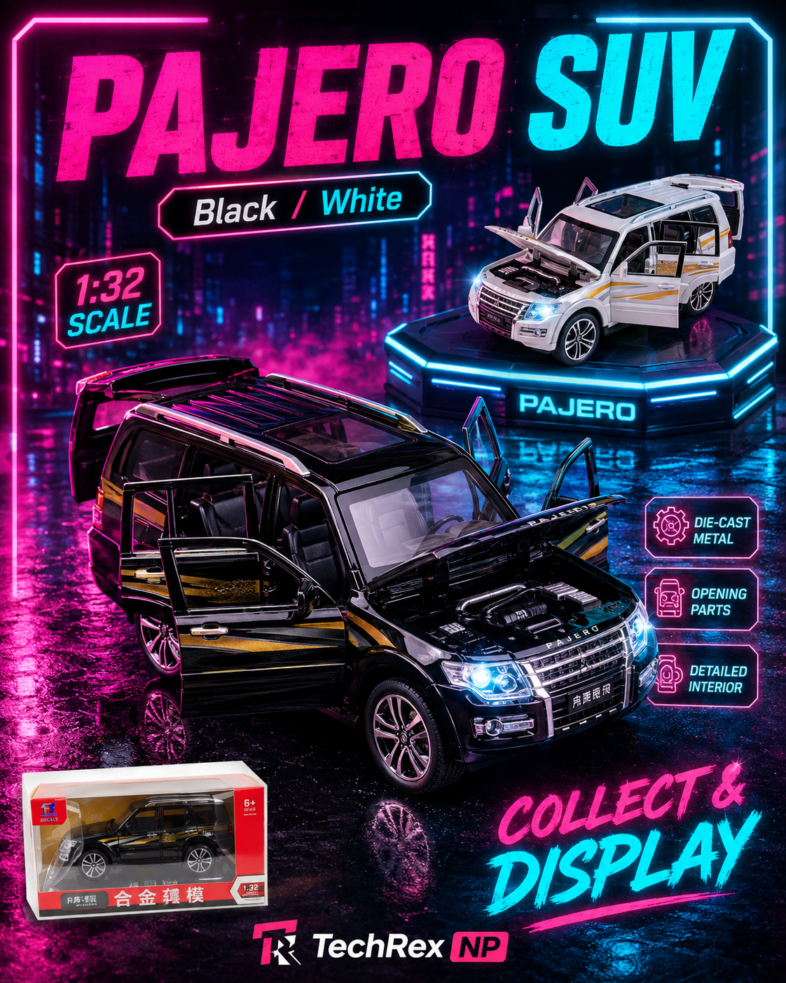 CheZhi Mitsubishi Pajero-Style 1:32 Diecast Model SUV – Black & White Alloy Collectible Off-Road Car for Gifts, Desk Decor & Collectors