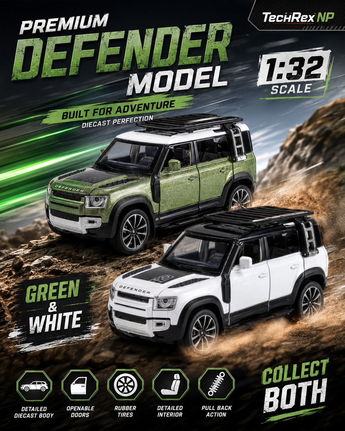 QiYi Land Rover Defender-Style 1:32 Diecast Model SUV – Green & White Alloy Collectible Off-Road Car for Gifts, Desk Decor & Collectors