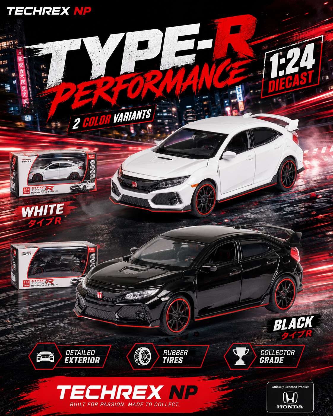 JianYuan Honda Civic Type R-Style 1:32 Diecast Model Car – White & Black Alloy Collectible Hot Hatch Sports Car for JDM Fans & Gifts