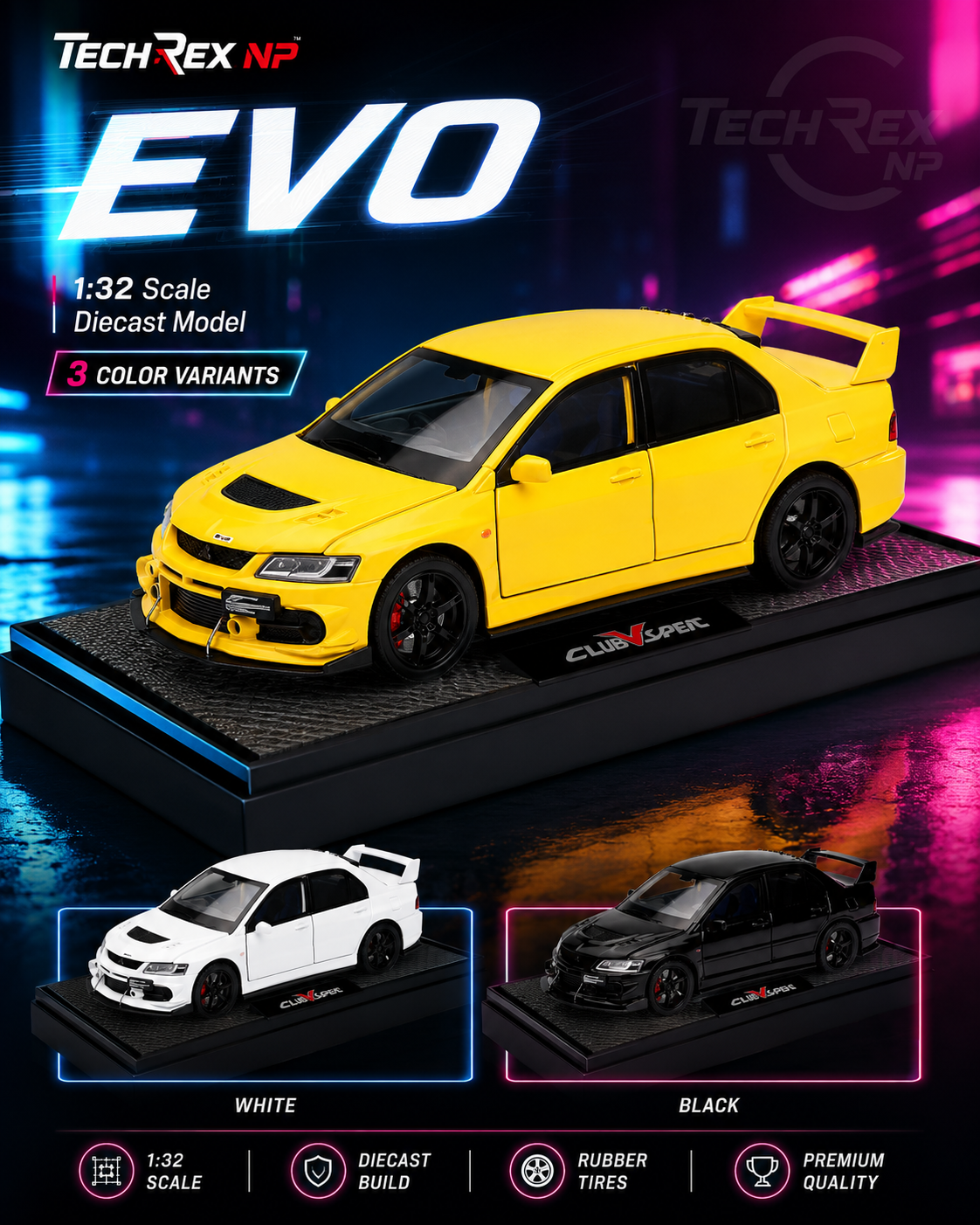 Chiyuan Mitsubishi Lancer Evolution EVO-Style 1:32 Diecast Model Car – Black White Yellow Alloy JDM Sports Car for Gifts & Collectors