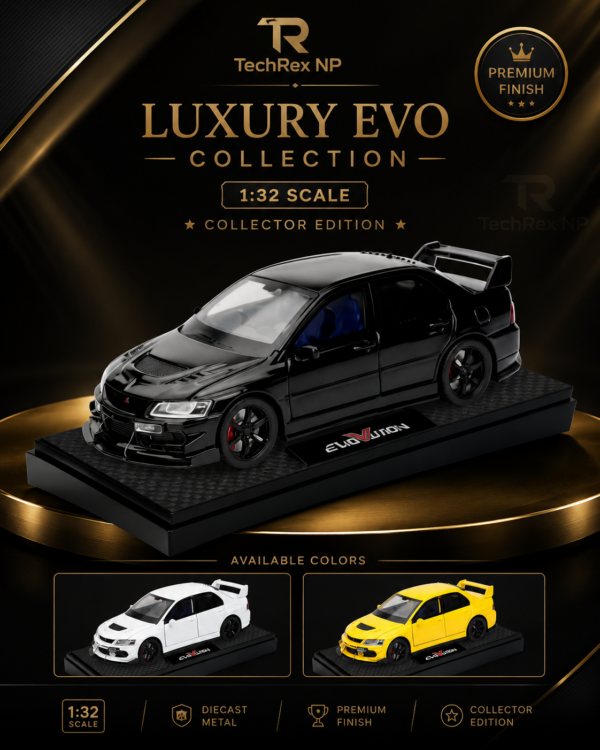 ChatGPT Image May 28, 2026, 09_38_48 AM (3) Chiyuan Mitsubishi Lancer Evolution EVO-Style 1:32 Diecast Model Car – Black White Yellow Alloy JDM Sports Car for Gifts & Collectors