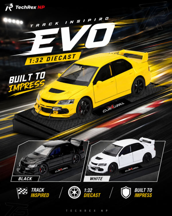 ChatGPT Image May 28, 2026, 09_38_48 AM (4) Chiyuan Mitsubishi Lancer Evolution EVO-Style 1:32 Diecast Model Car – Black White Yellow Alloy JDM Sports Car for Gifts & Collectors