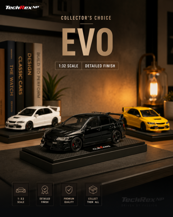 ChatGPT Image May 28, 2026, 09_38_48 AM (5) Chiyuan Mitsubishi Lancer Evolution EVO-Style 1:32 Diecast Model Car – Black White Yellow Alloy JDM Sports Car for Gifts & Collectors